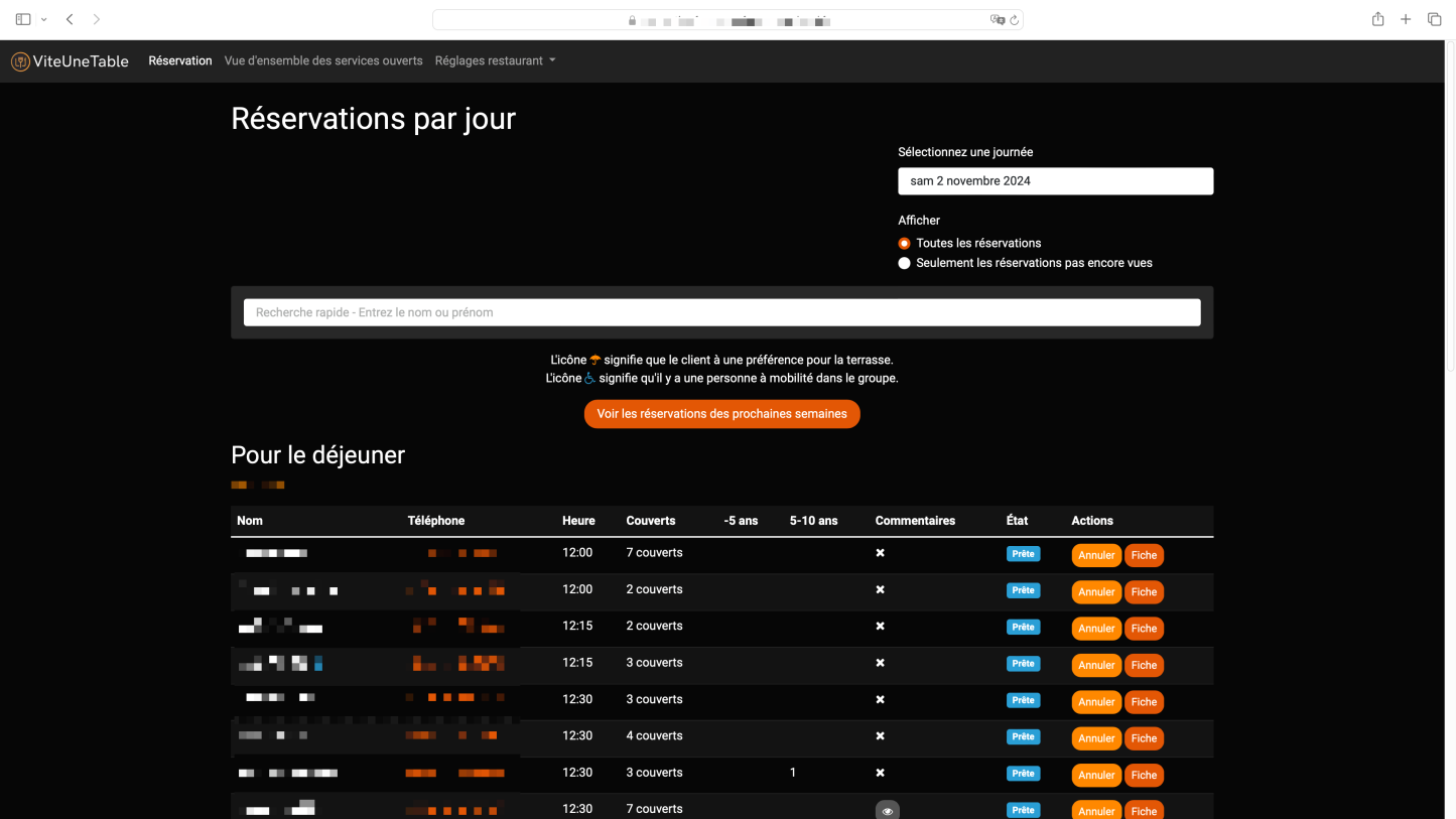 Interface d'administration de ViteUneTable