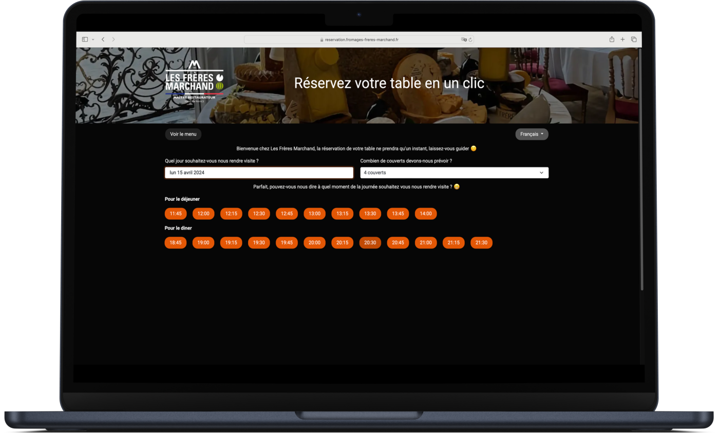 Example of reservation interface with the logo and colors of the restaurant