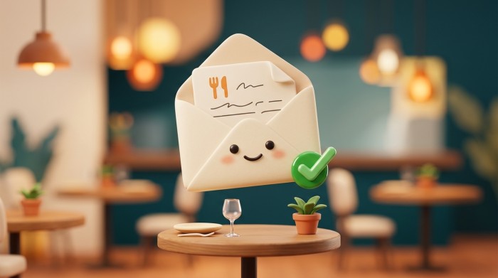 Illustration of an envelope with a green tick, resting on a restaurant table