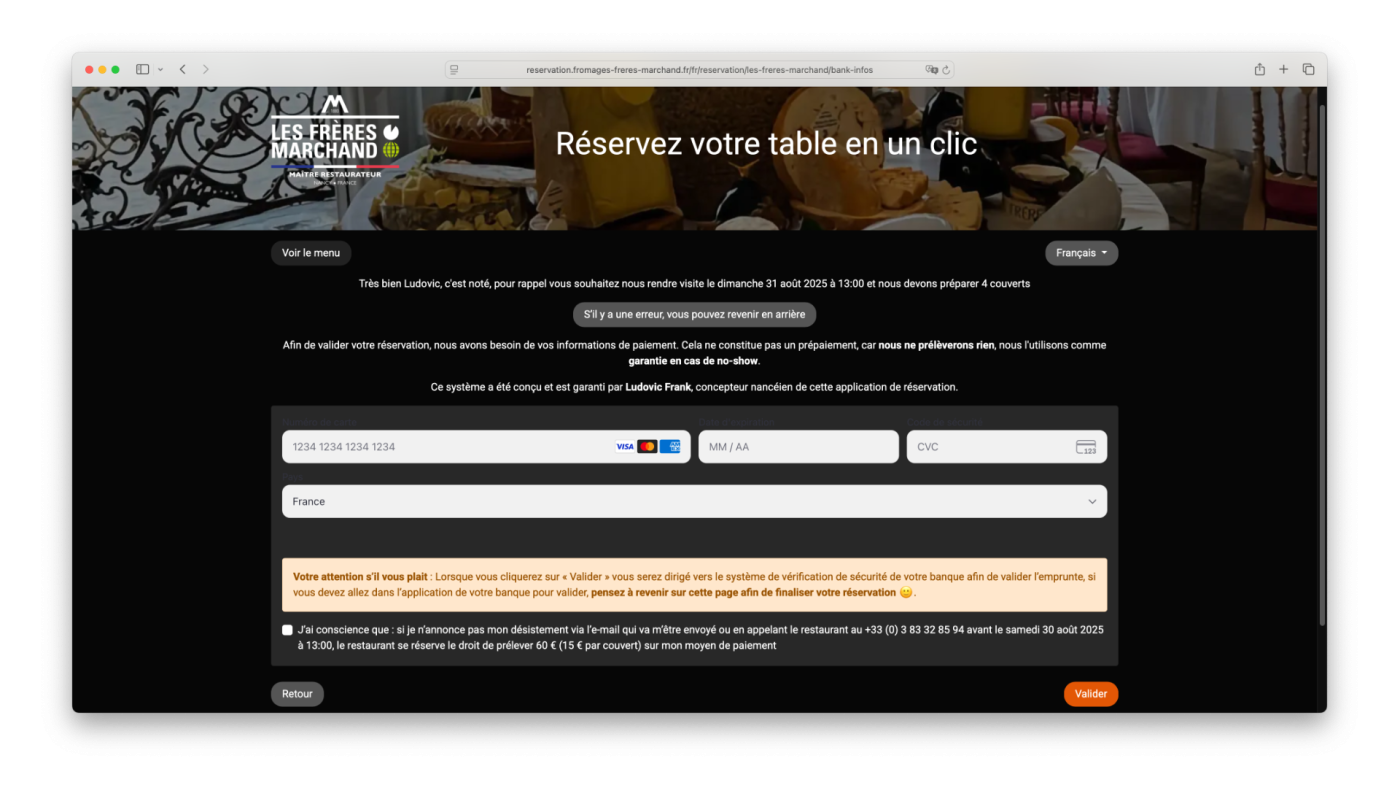 Exemple d'interface de réservation avec protection anti no-show