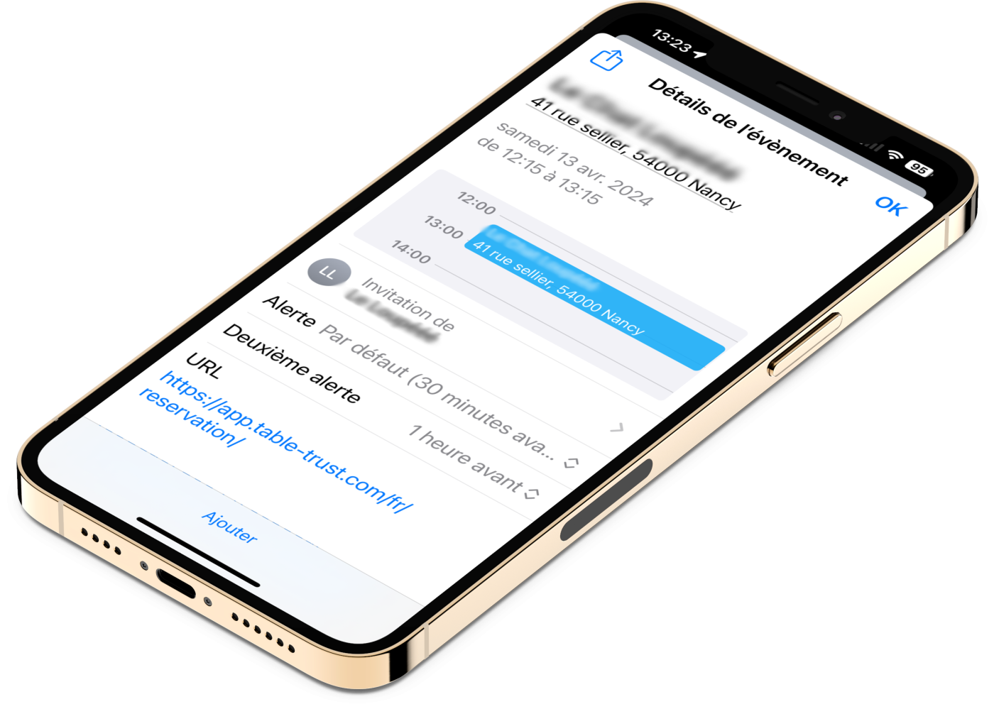Exemple de réservation ajoutée au calendrier sur iPhone