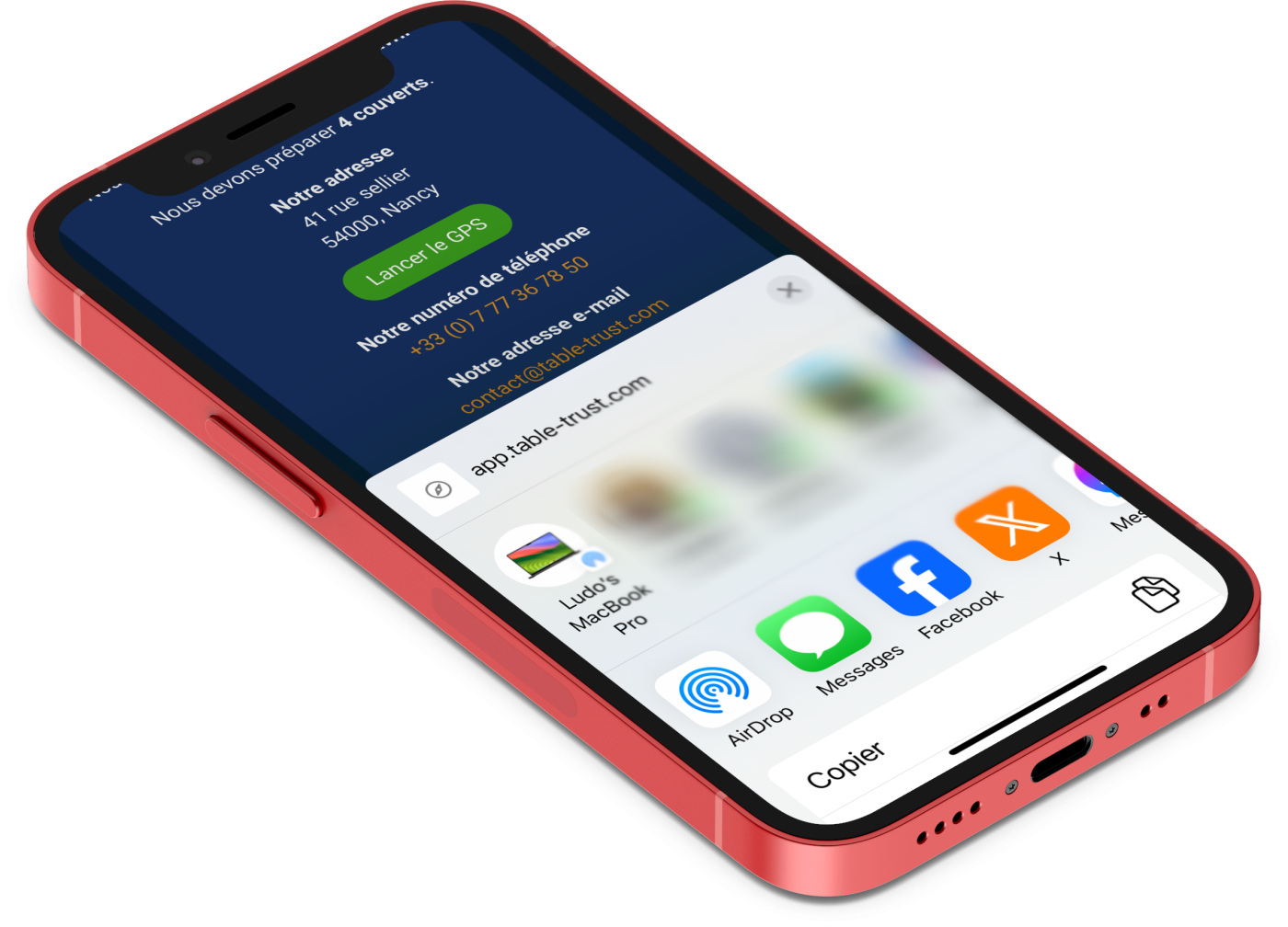 Exemple de partage de réservation sur iPhone